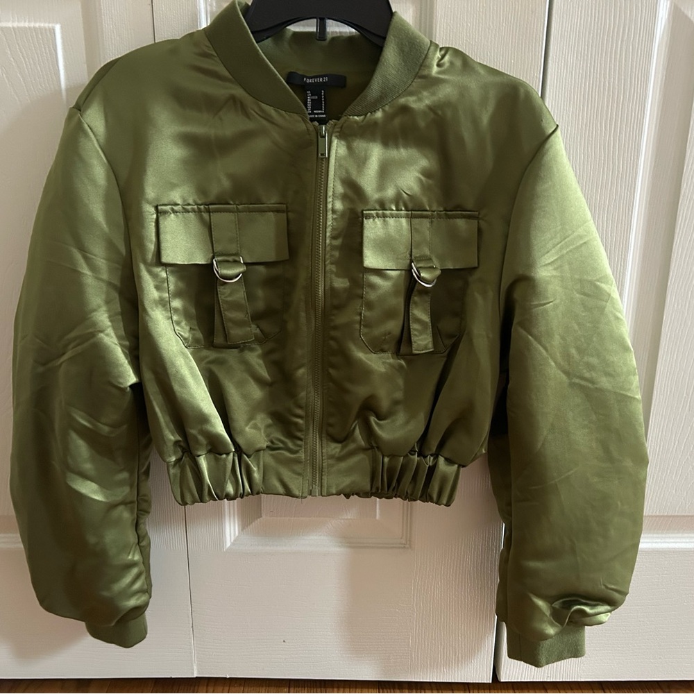 Forever 21 Olive Satin Bomber Jacket